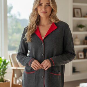 Karen Lessly Knit Cardigan Red Trim Soft GrandmaCore CottageCore Women's Large